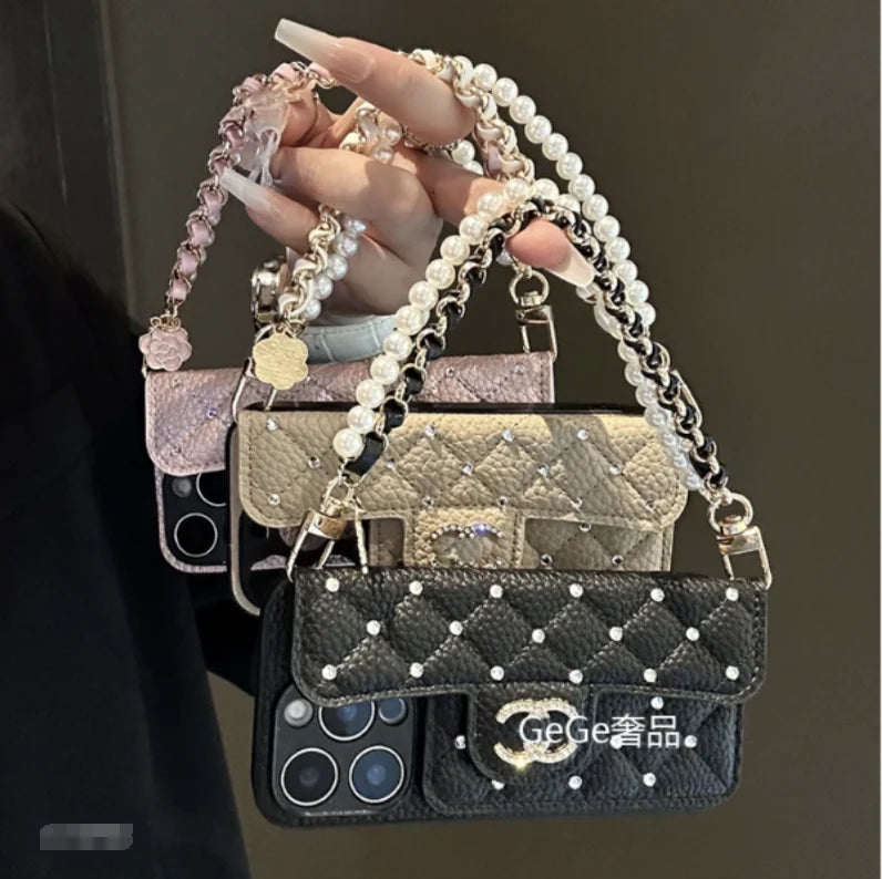 Luxury Wallet iPhone Case with Handle/Pearl Chain