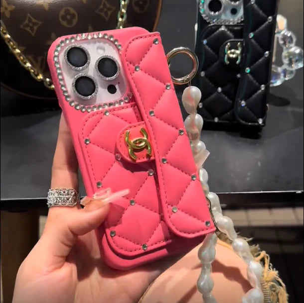 Luxury Wallet iPhone Case with Handle/Pearl Chain
