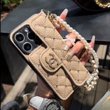 Luxury Wallet iPhone Case with Handle/Pearl Chain
