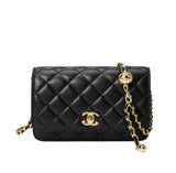 Wallet On Chain Shiny Lambskin Pearls Gold Tone Metal-1-2